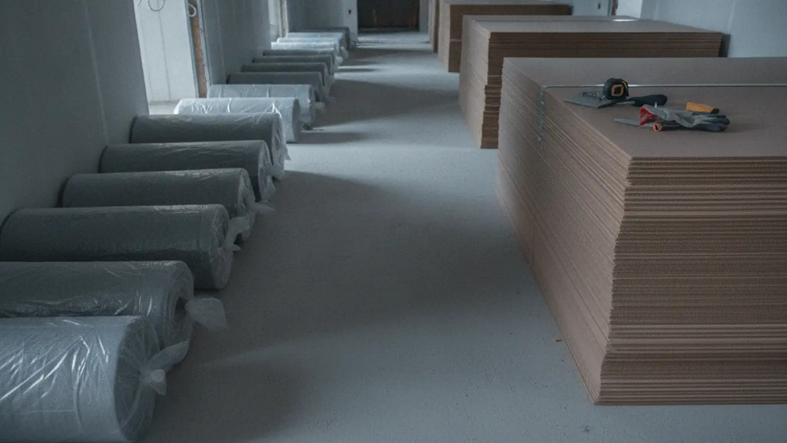 Rolls of floor protection and stacked corrugated board set out in a bare corridor before work begins.