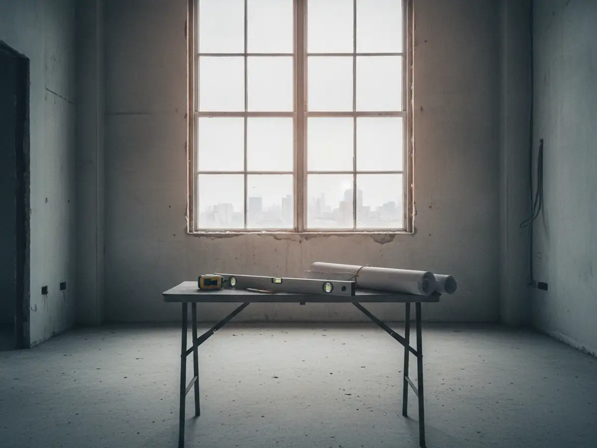 A folding table inside an empty space with a tape measure and a roll of drawings, a window behind it.