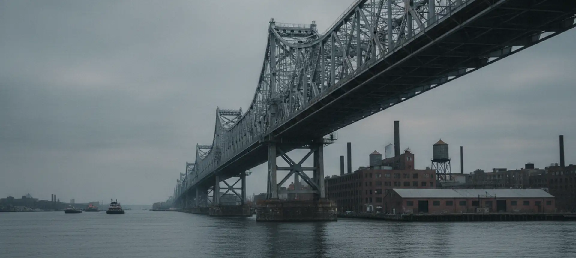A wide view of an East River bridge with low industrial buildings and water towers on the far bank.