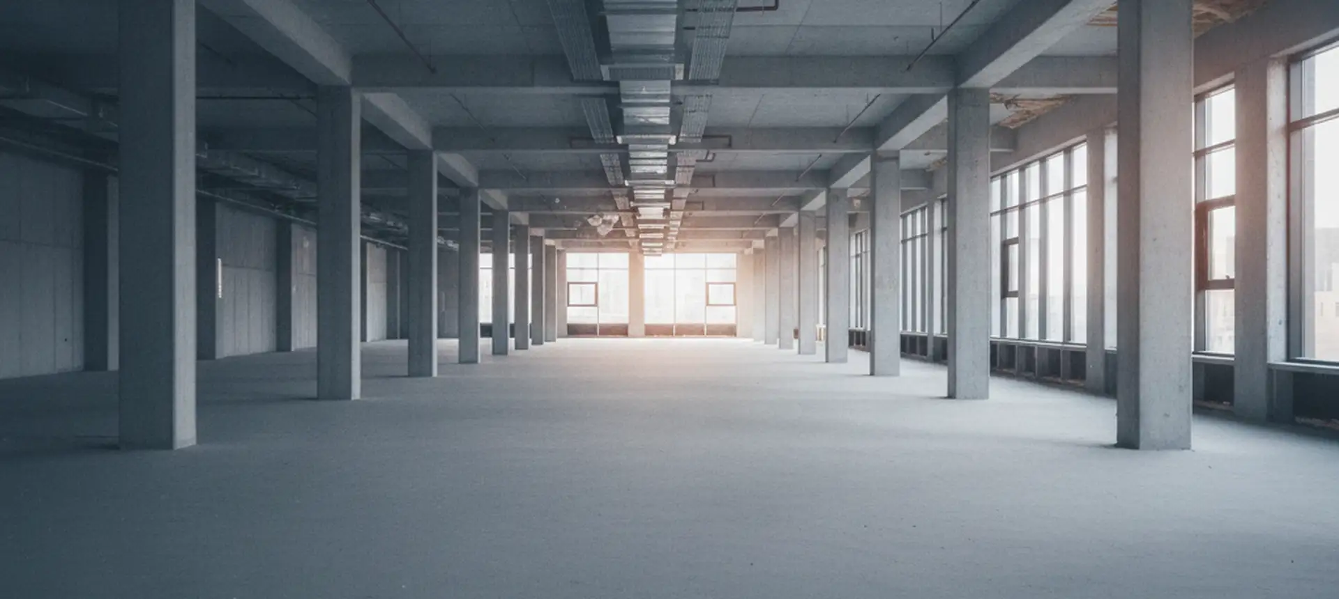 A long empty stripped floor with a line of columns receding toward windows at the far end.