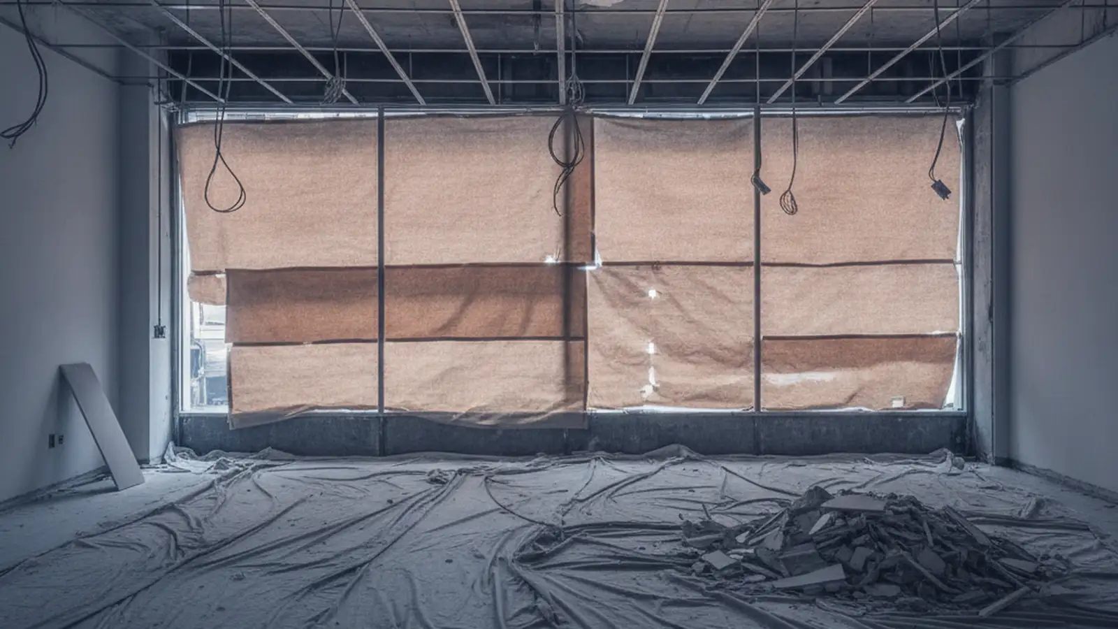 A ground-floor retail unit mid strip-out, its shopfront papered over and the ceiling grid coming down.