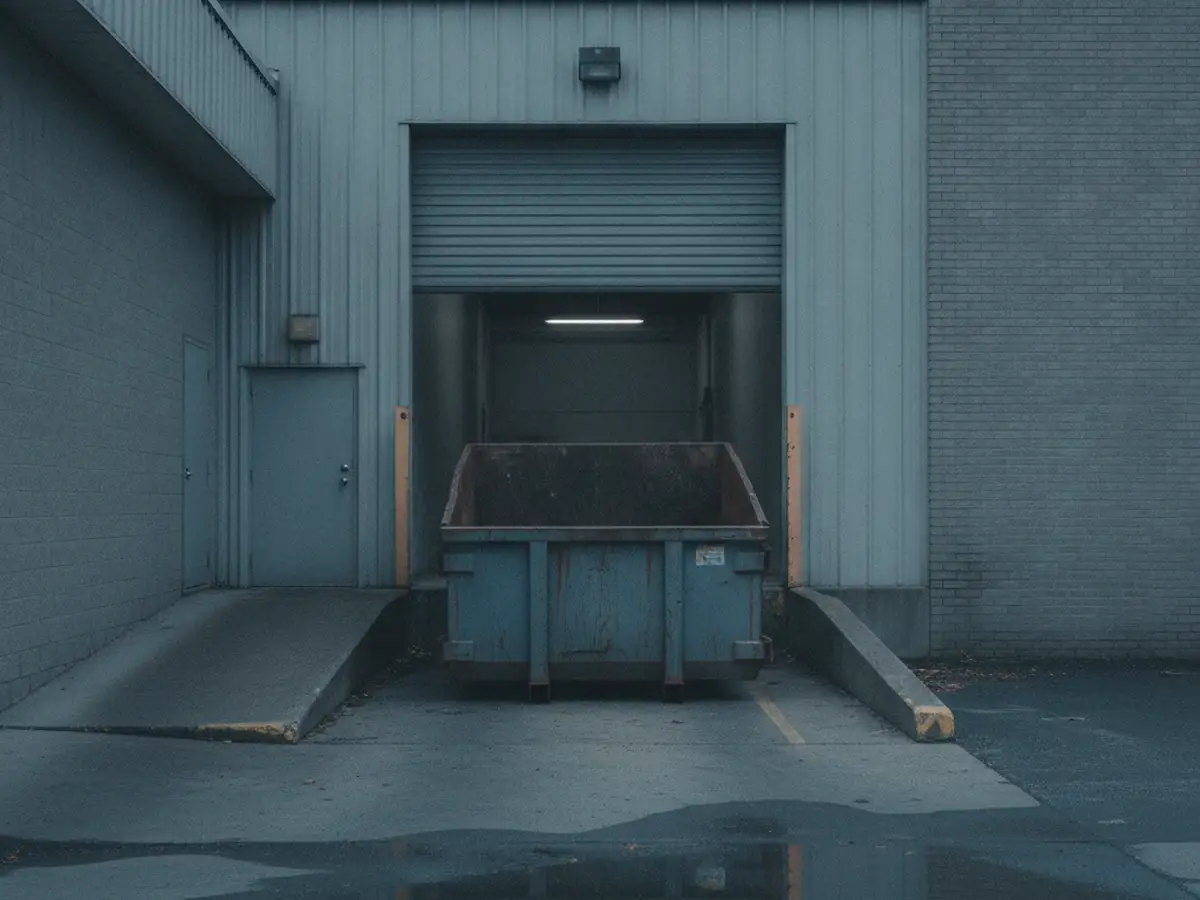 A loading dock at the back of a commercial building with a roll-off container backed up to it.