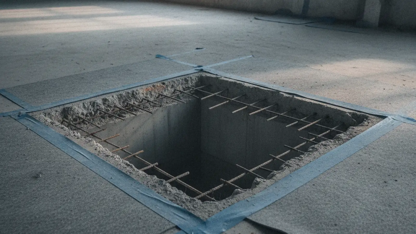 A rectangular opening cut cleanly through a concrete floor slab inside a building, rebar visible at the edges.