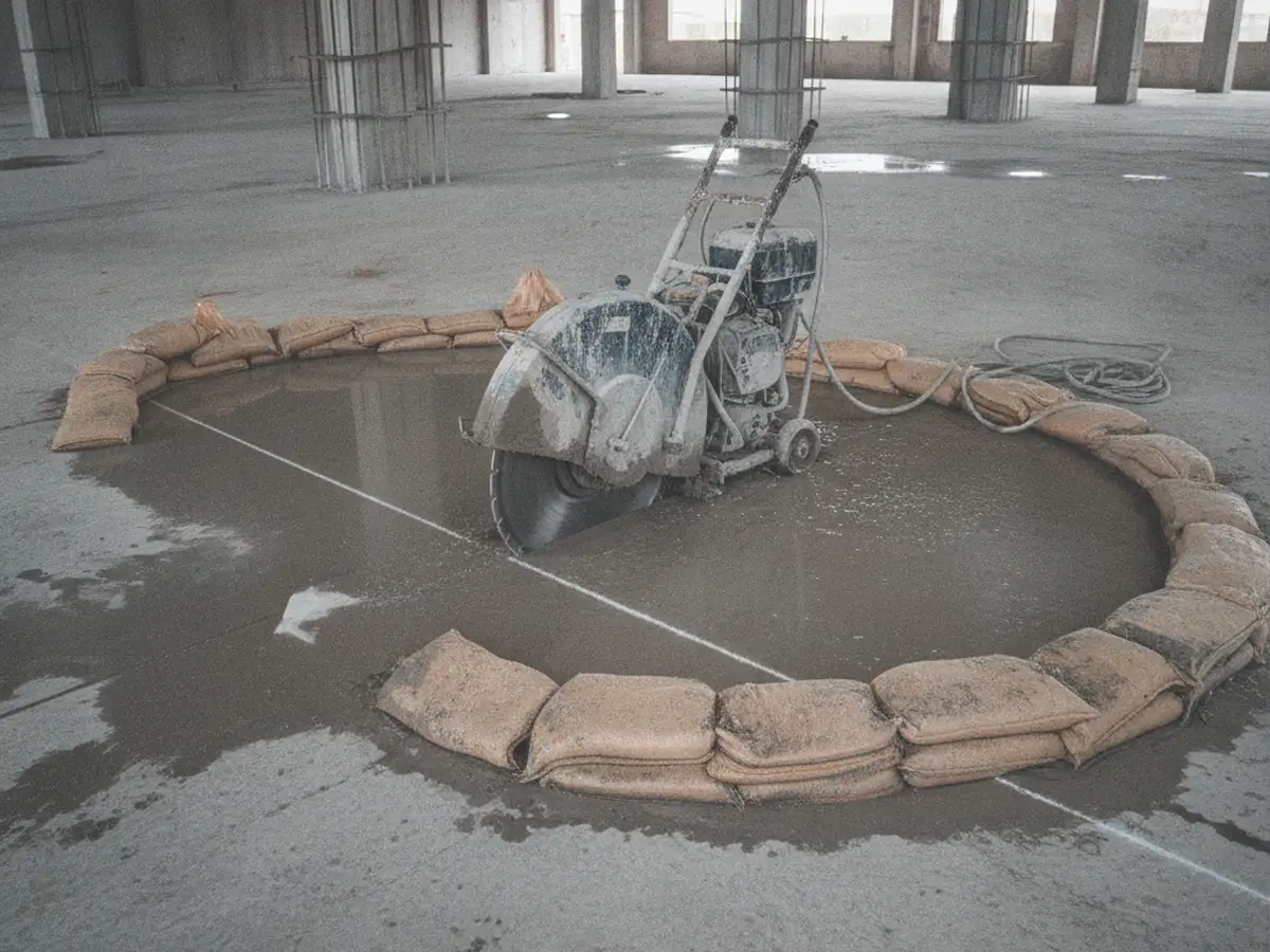 A walk-behind concrete saw on a wet slab with the slurry contained by a low berm.