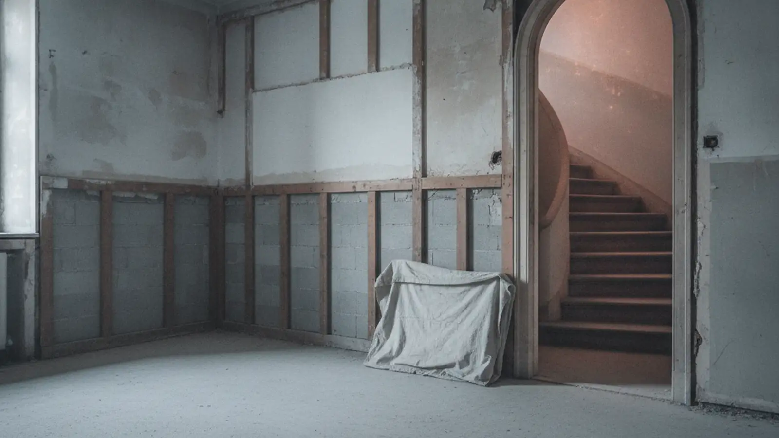A quiet stripped interior with daylight across the floor and a doorway opening onto a stair.