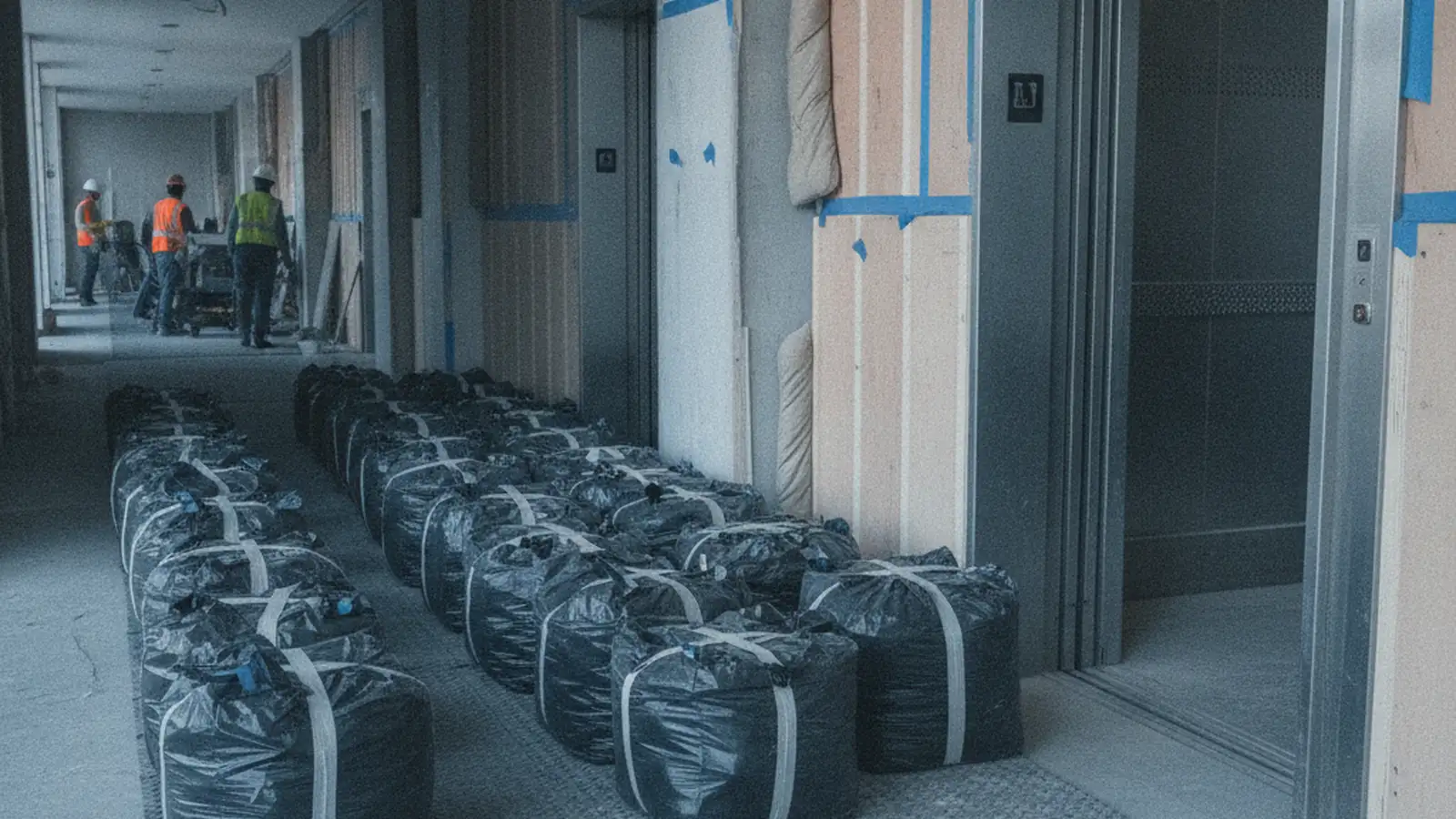 Bagged and bundled demolition debris staged on floor protection inside a building, ready to be moved to the loading point.
