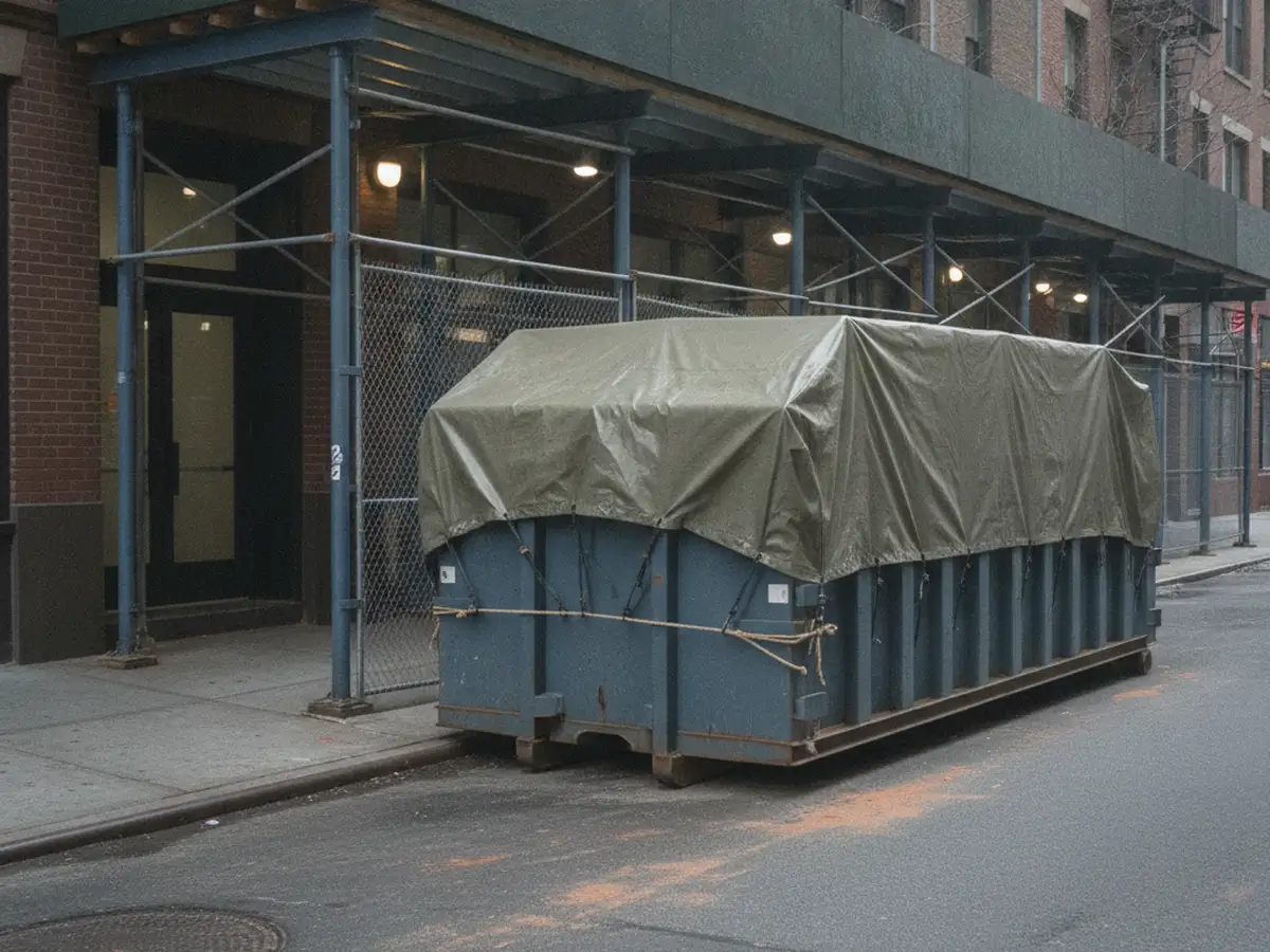 A covered construction container on a city street beside a building entrance, the sidewalk kept clear.