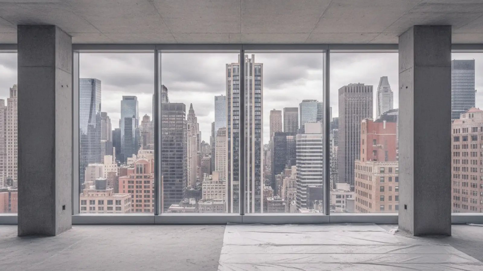 A high floor of a New York office building stripped to its columns and slab, the city visible through a wall of windows.