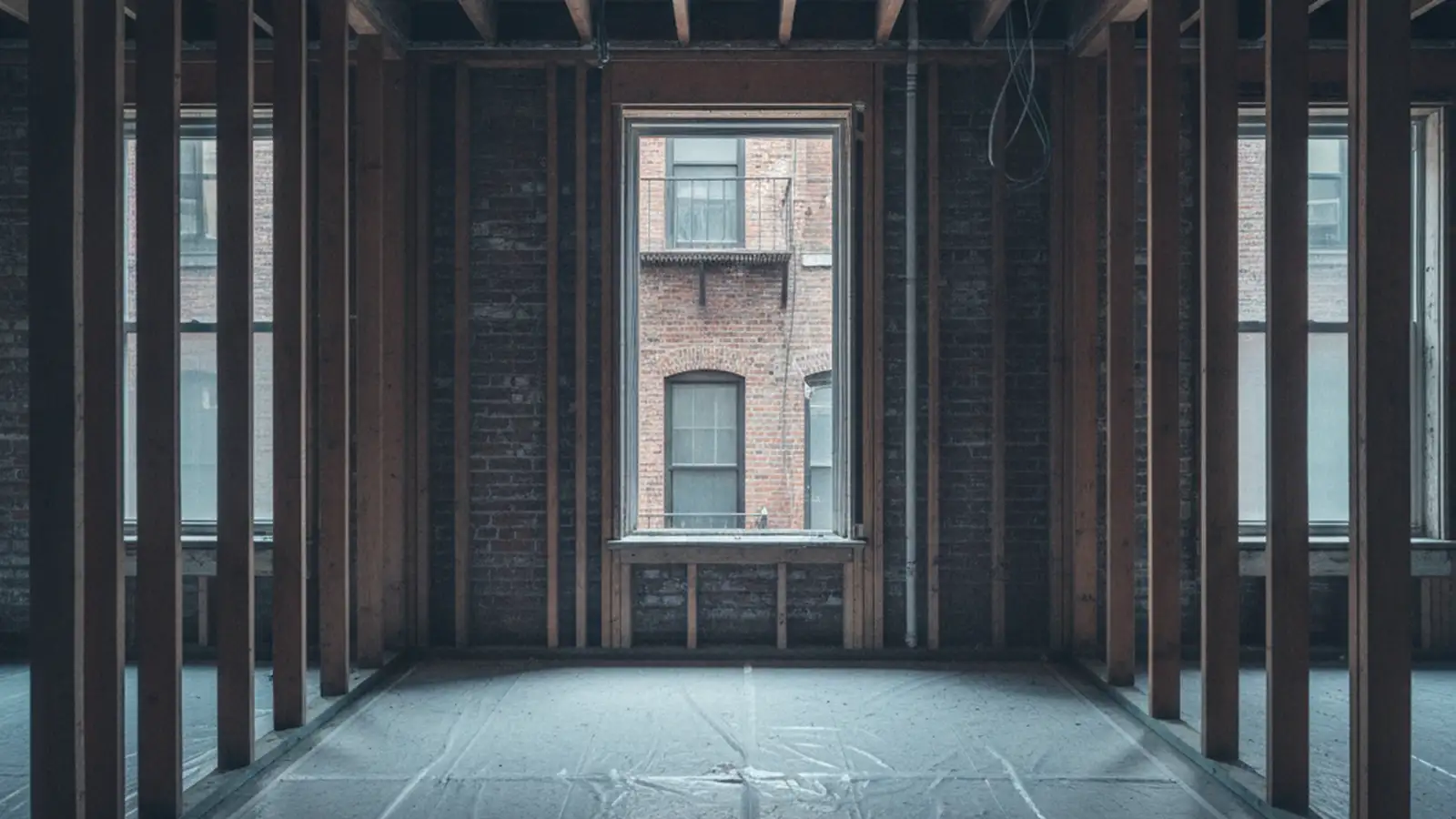 An apartment interior taken back to the studs and joists, with protective sheeting over the floor and a window onto a brick lightwell.