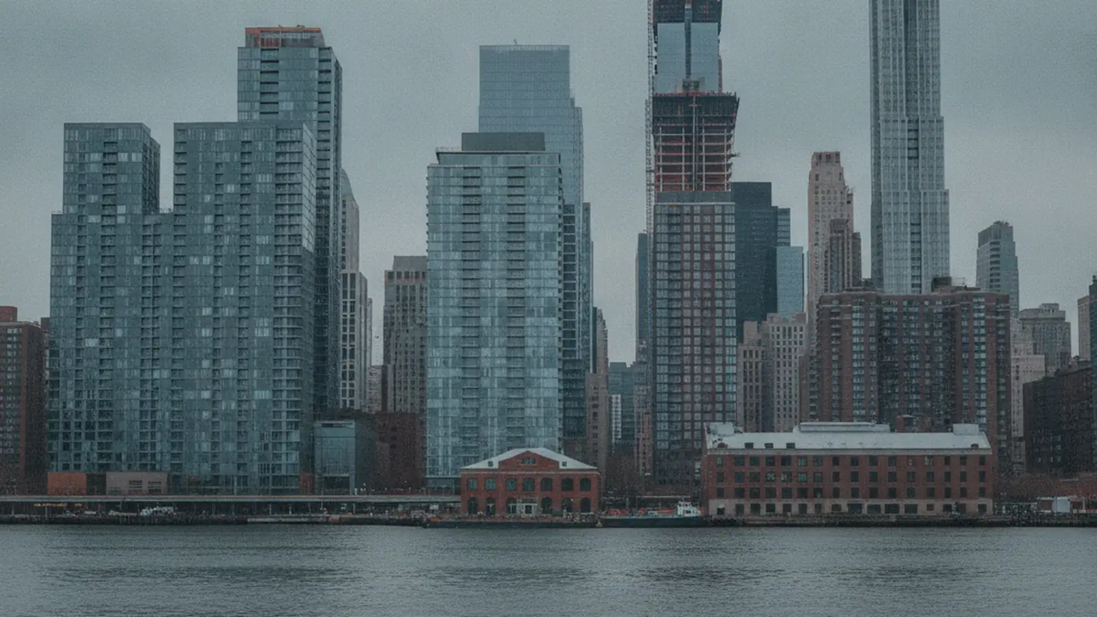 A wide view across the East River toward a mixed skyline of towers and low brick buildings under overcast light.