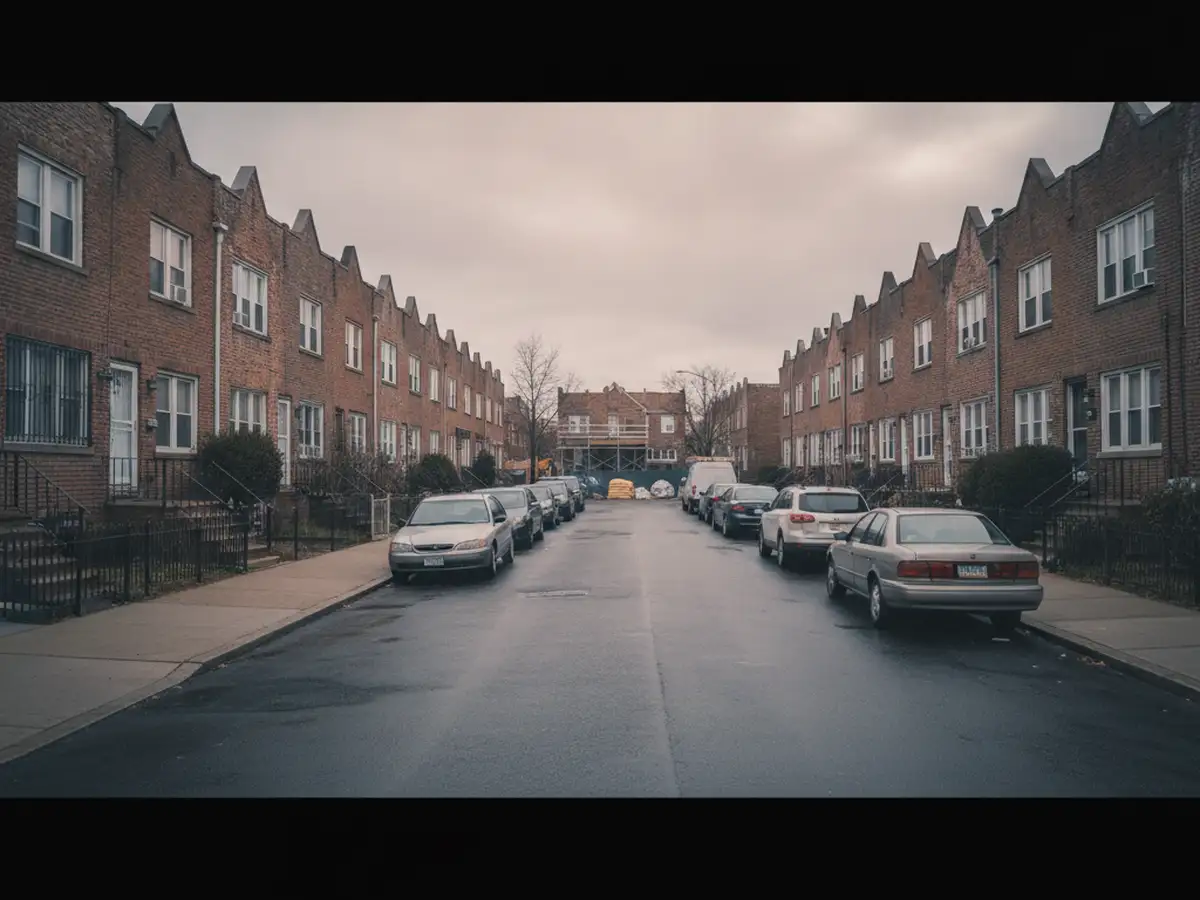 A street of two-storey attached houses with driveways and small front yards in an outer borough of New York.