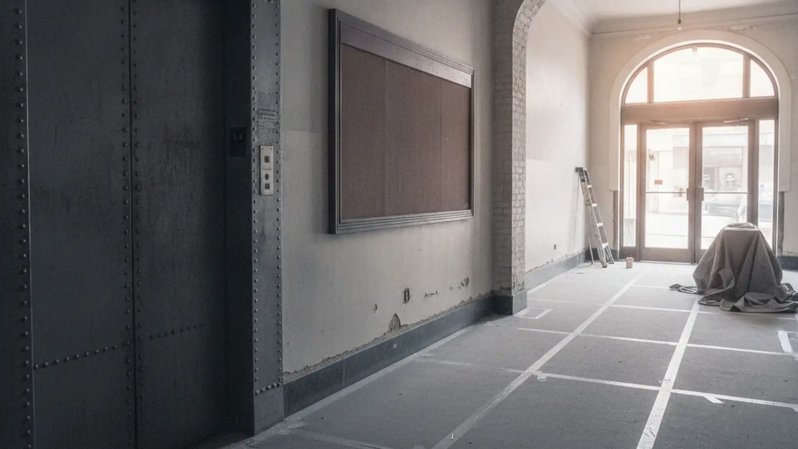 A building lobby with a notice board and a freight elevator door, the terrazzo floor covered for work.