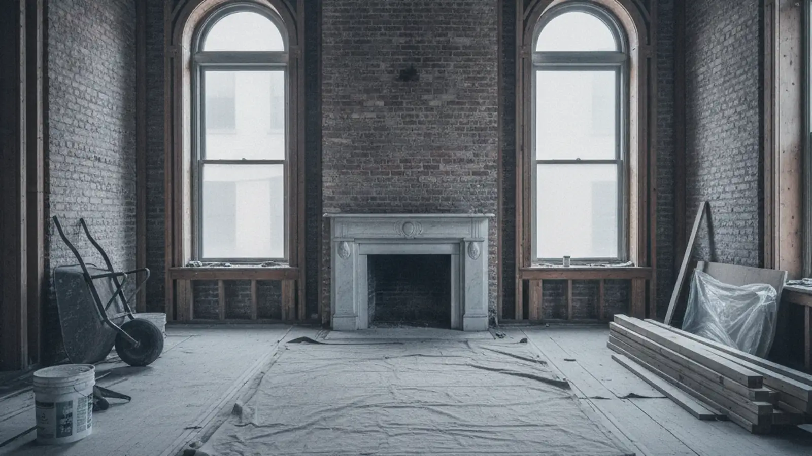 A brownstone parlor floor stripped of plaster, its original window frames and a marble mantel still in place.
