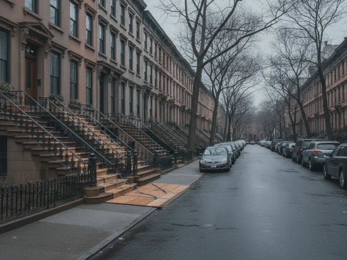 A row of brownstone stoops on a residential New York street, one with floor protection laid down its steps.